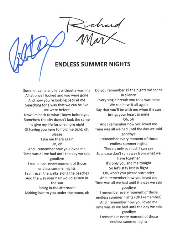 Richard Marx Signed Lyric Sheet Endless Summer Nights