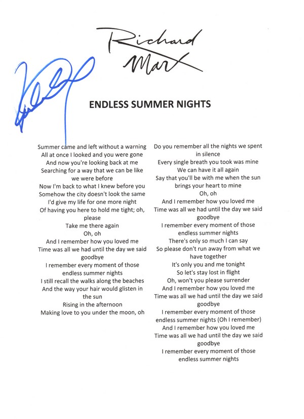 Richard Marx Signed Lyric Sheet Endless Summer Nights 3