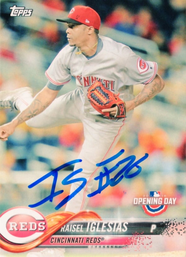 Cincinnati Reds Raisel Iglesias Signed Trading Card 2018 Topps Opening Day #32