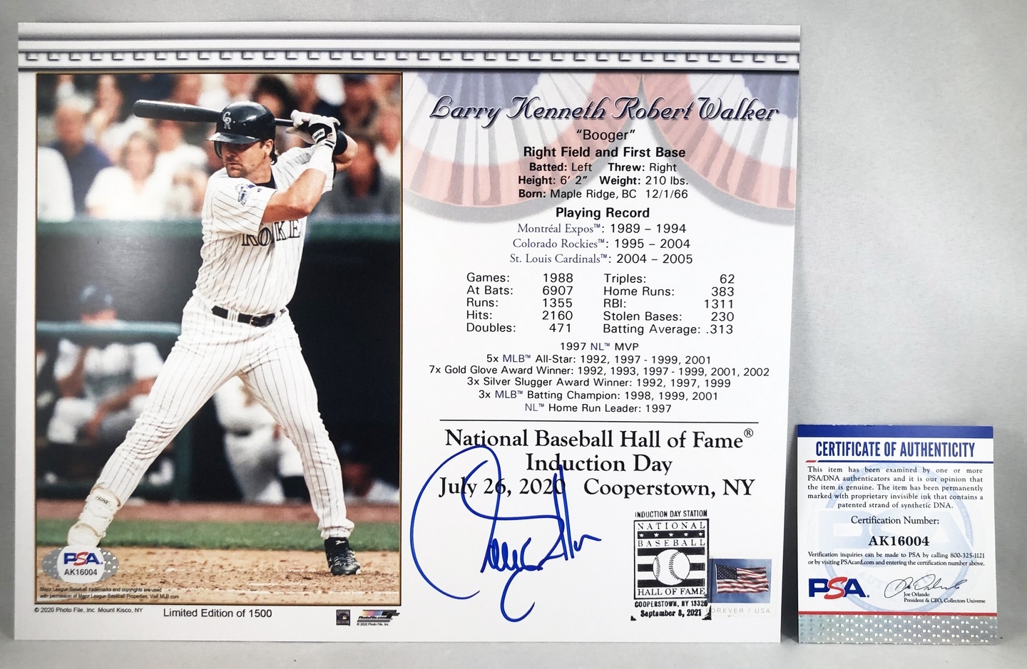 Colorado Rockies Larry Walker Signed HOF Inauguration 8x10 Postcard PSA/DNA 1