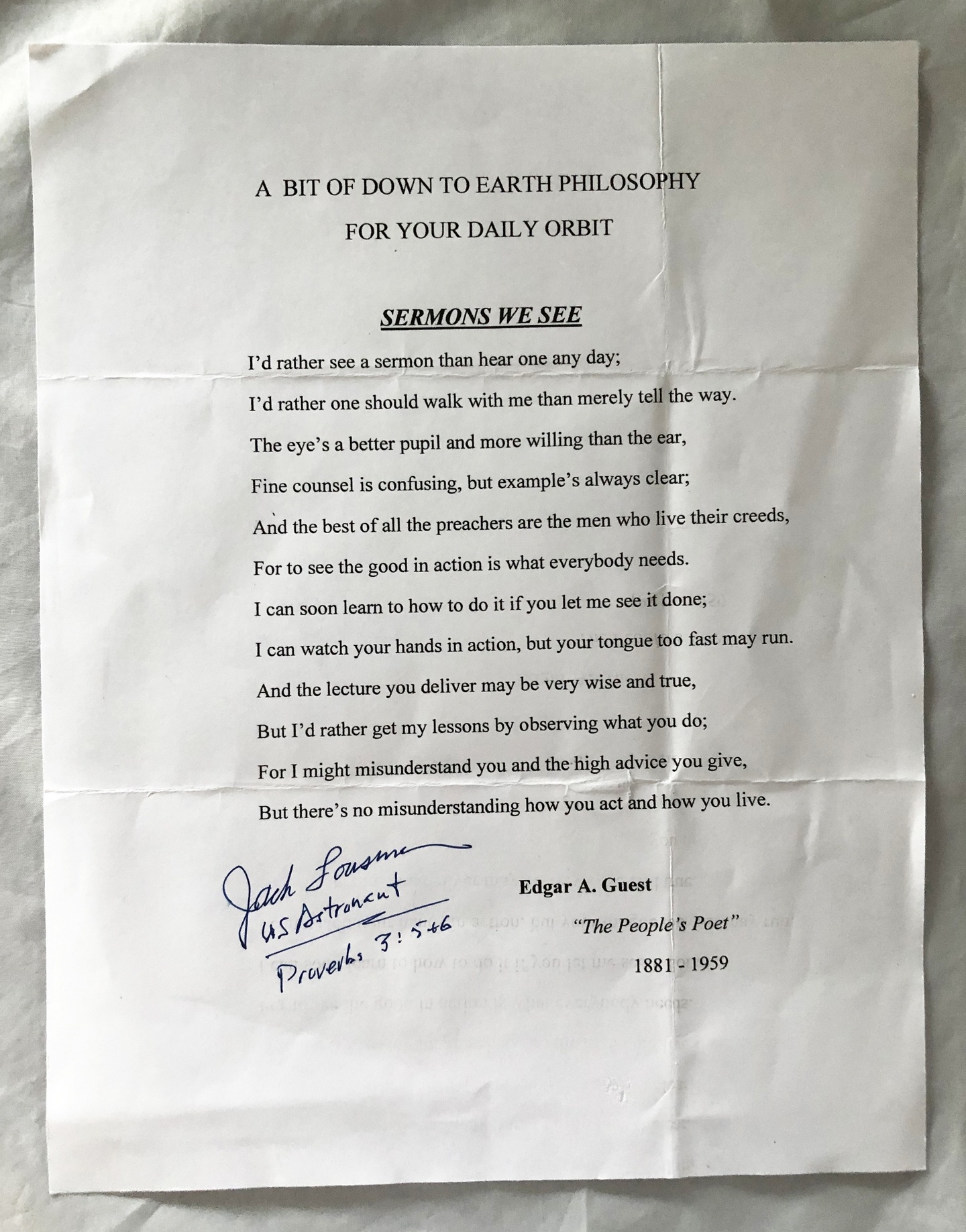 Jack Lousma Signed Paper Quote Astronaut