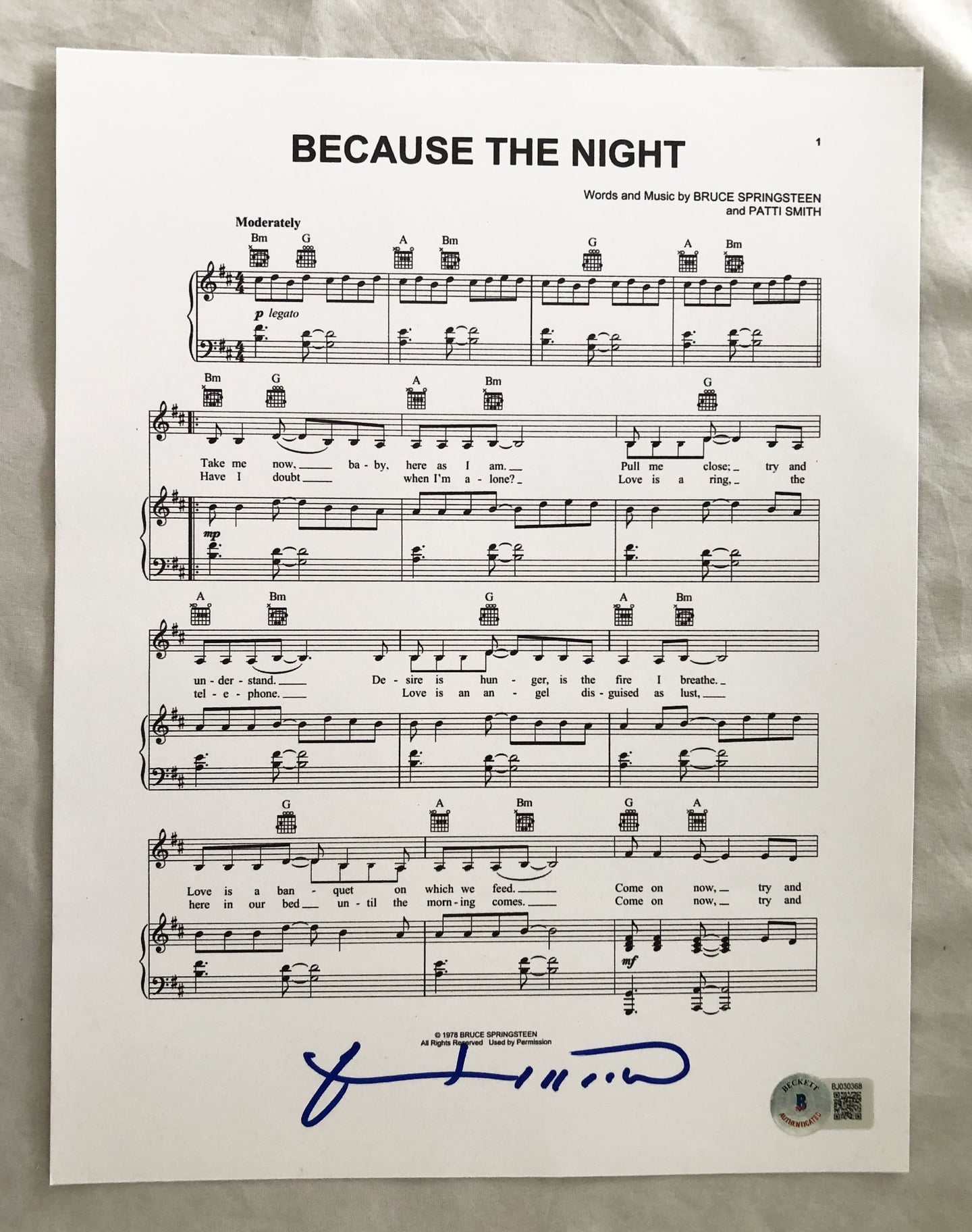 Patti Smith Signed Music Sheet Beckett BAS Because The Night 1