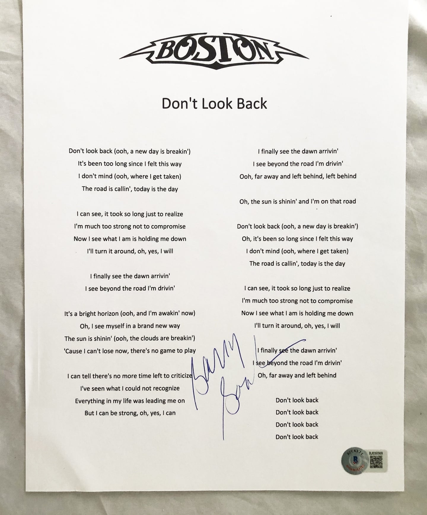 Boston Barry Goudreau Signed Lyric Sheet Beckett BAS