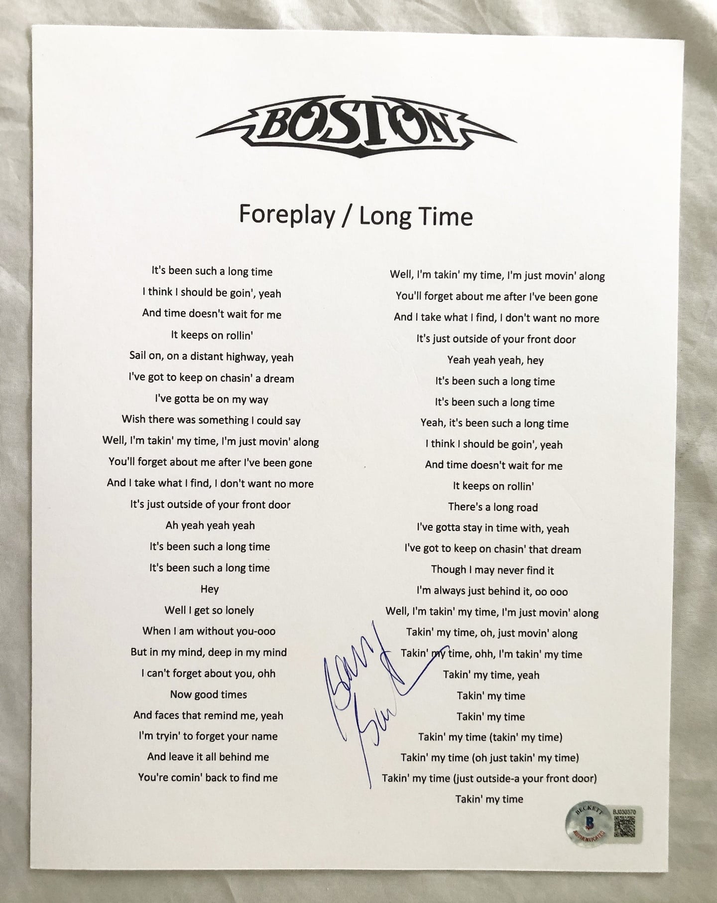 Boston Barry Goudreau Signed Lyric Sheet Beckett BAS 1