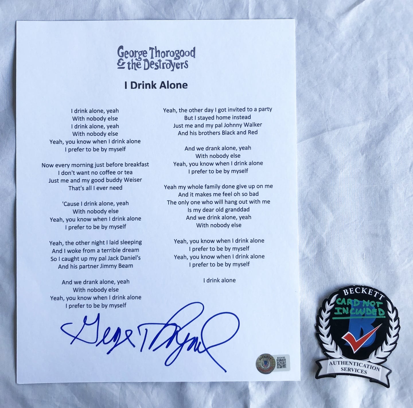 George Thorogood Signed Lyric Sheet The Destroyers Beckett BAS 1