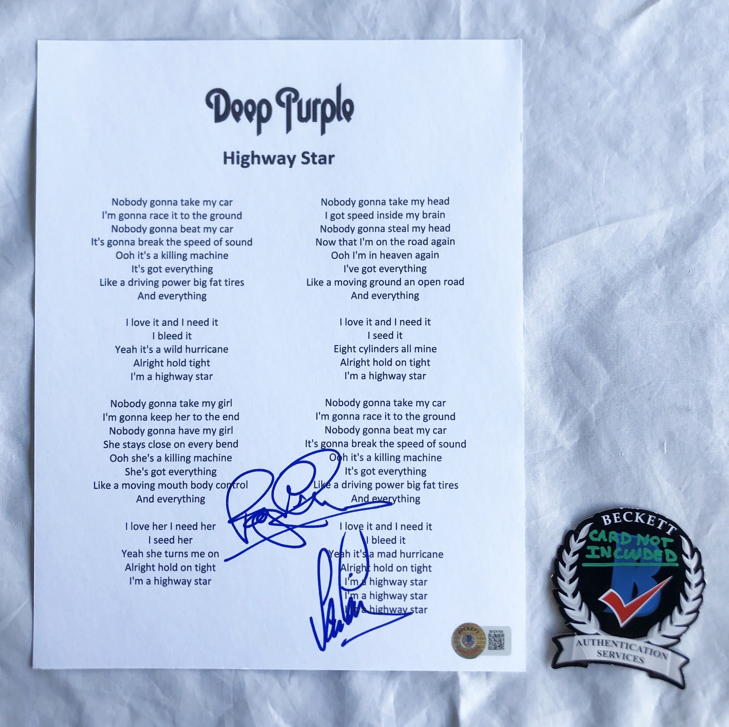 Roger Glover and Ian Paice Signed Lyric Sheet Deep Purple Beckett BAS