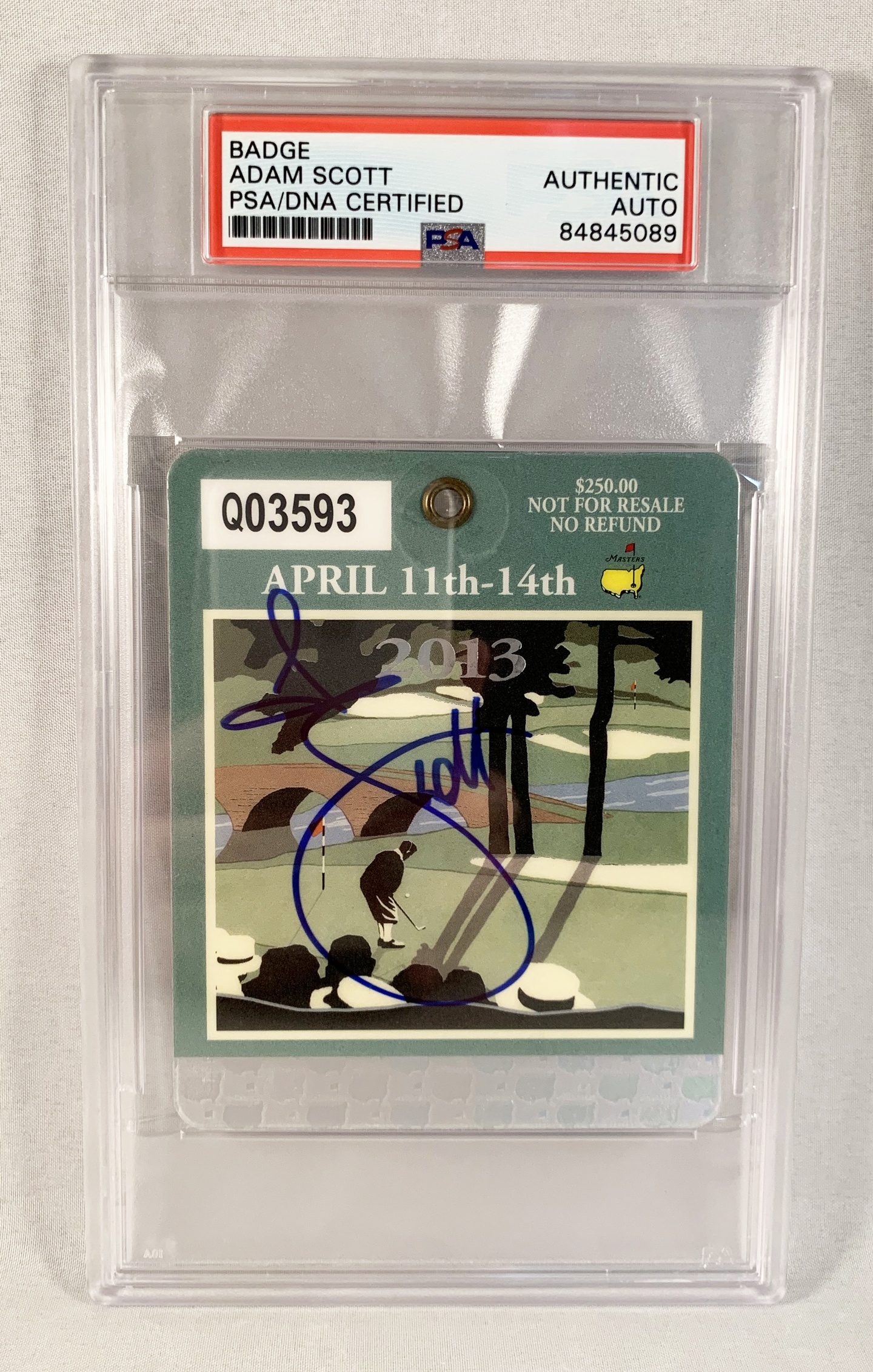 Adam Scott Signed Masters Badge 2013 PSA/DNA