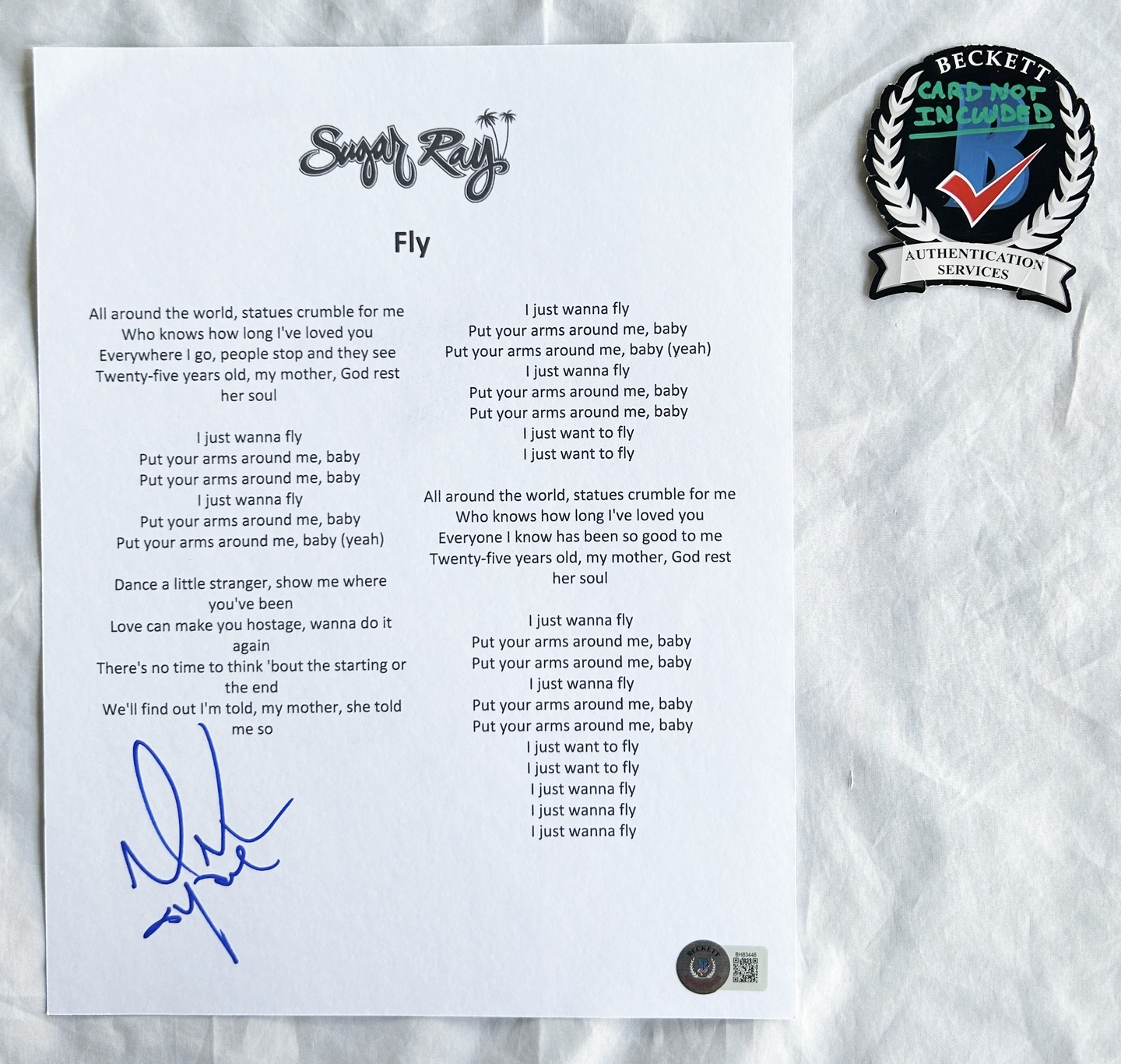 Mark McGrath Signed Lyric Sheet Fly Sugar Ray Band Beckett BAS 1