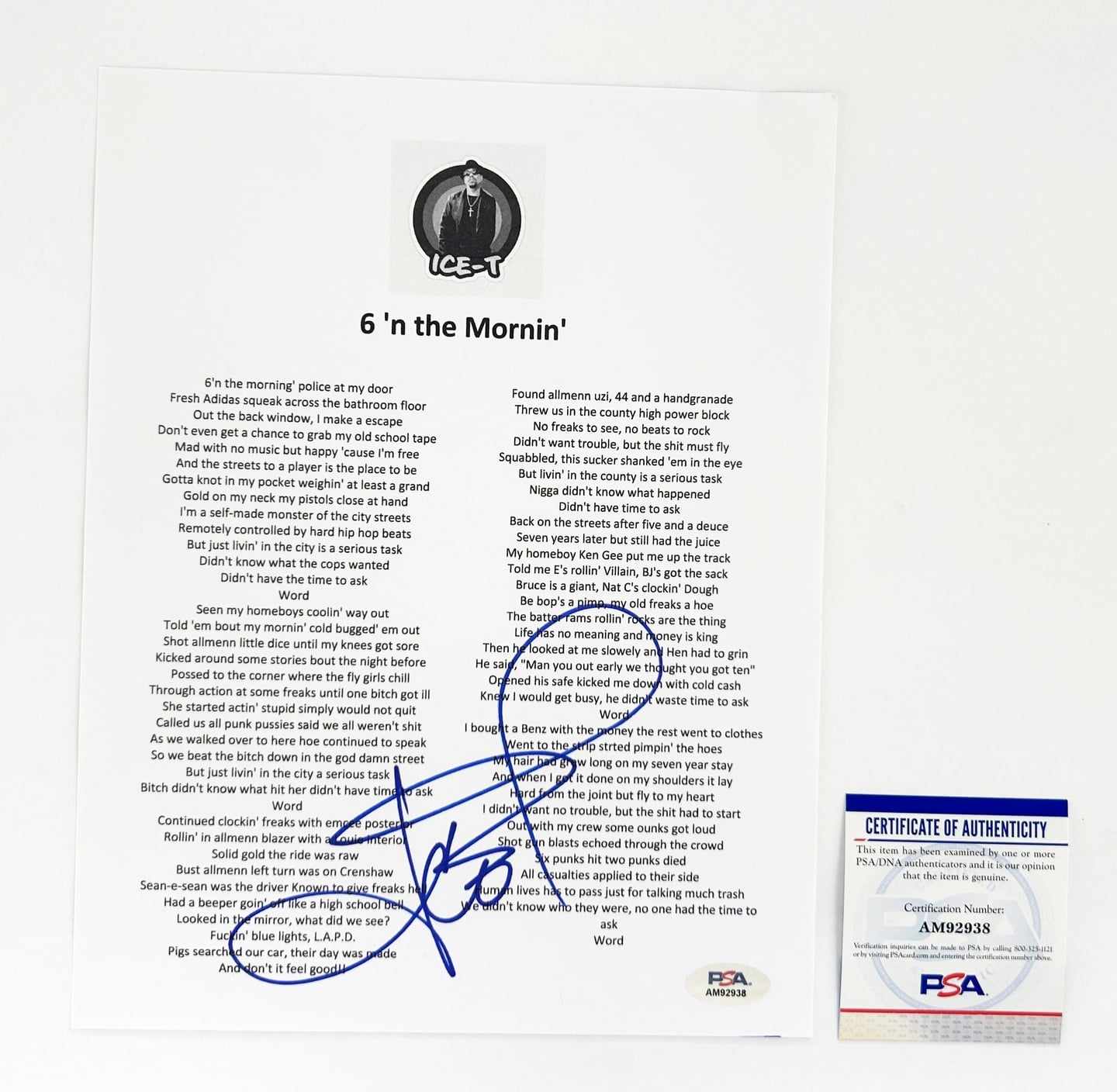 Ice-T Signed Lyric Sheet 6 N The Mornin PSA/DNA