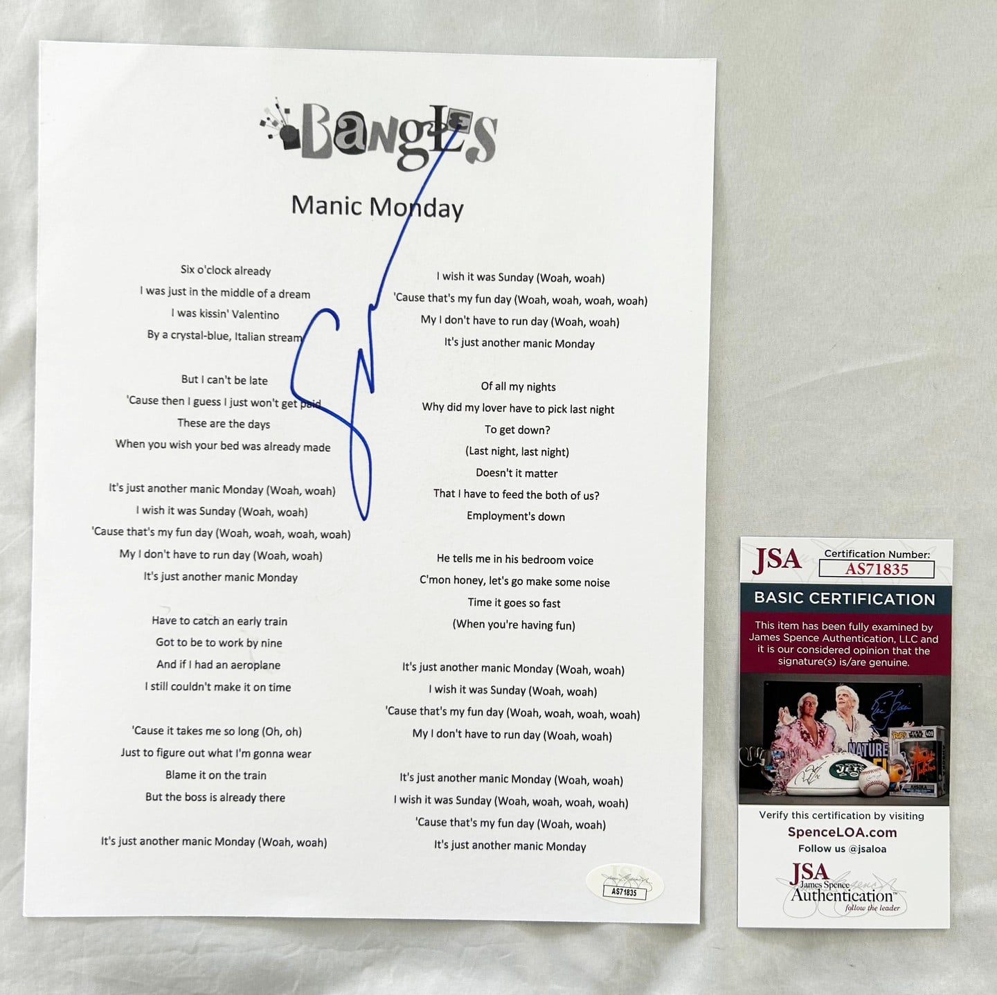 Susanna Hoffs Signed Lyric Sheet The Bangles JSA 5