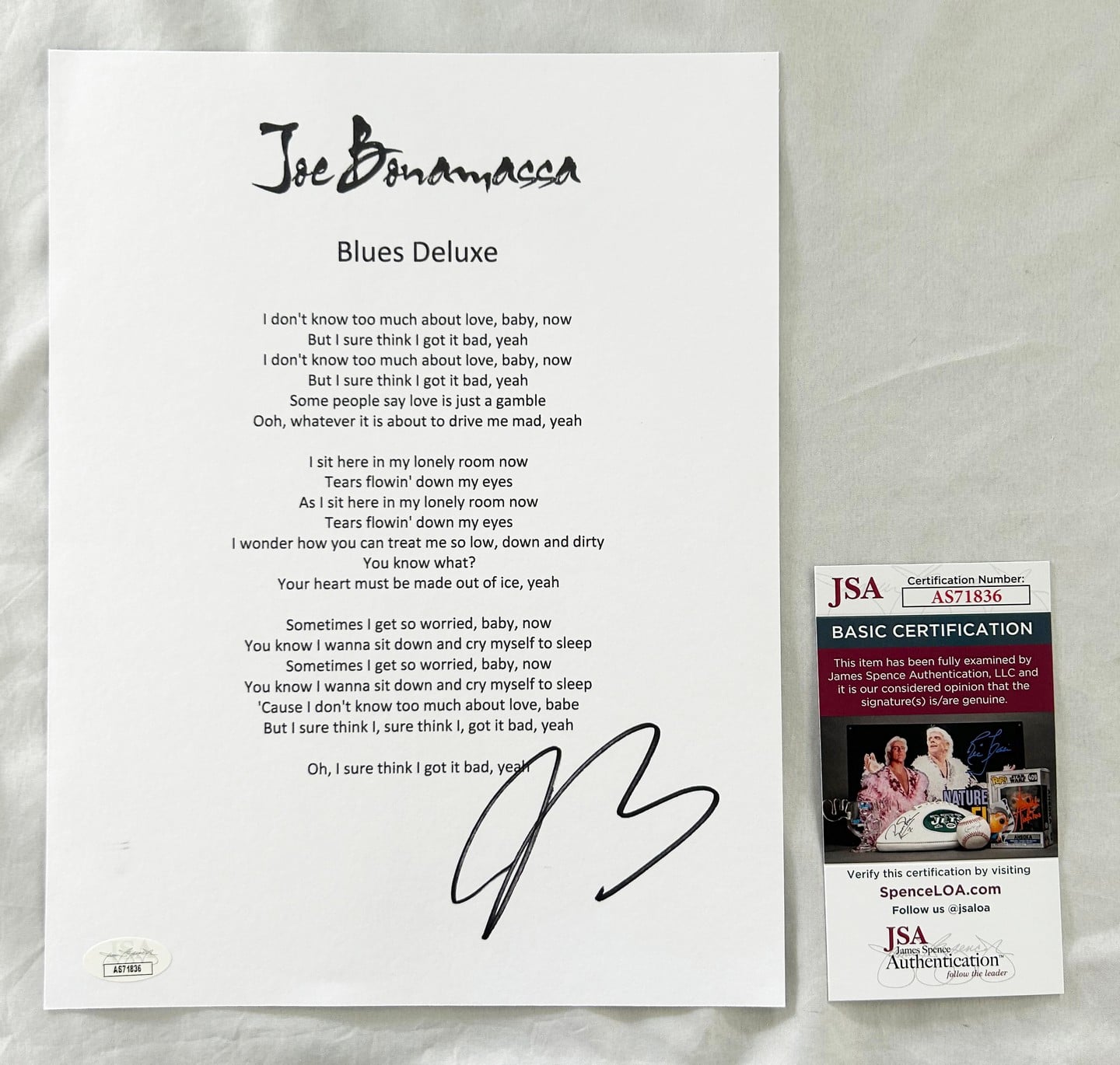 Joe Bonamassa Signed Lyric Sheet JSA