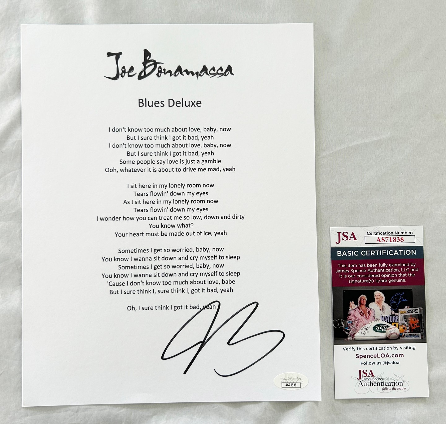 Joe Bonamassa Signed Lyric Sheet JSA 2