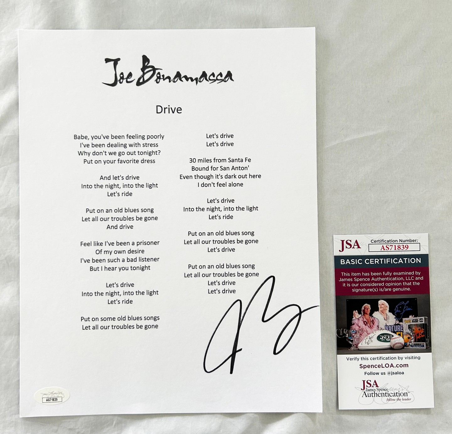 Joe Bonamassa Signed Lyric Sheet JSA 3
