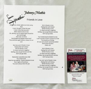 Johnny Mathis Signed Lyric Sheet JSA