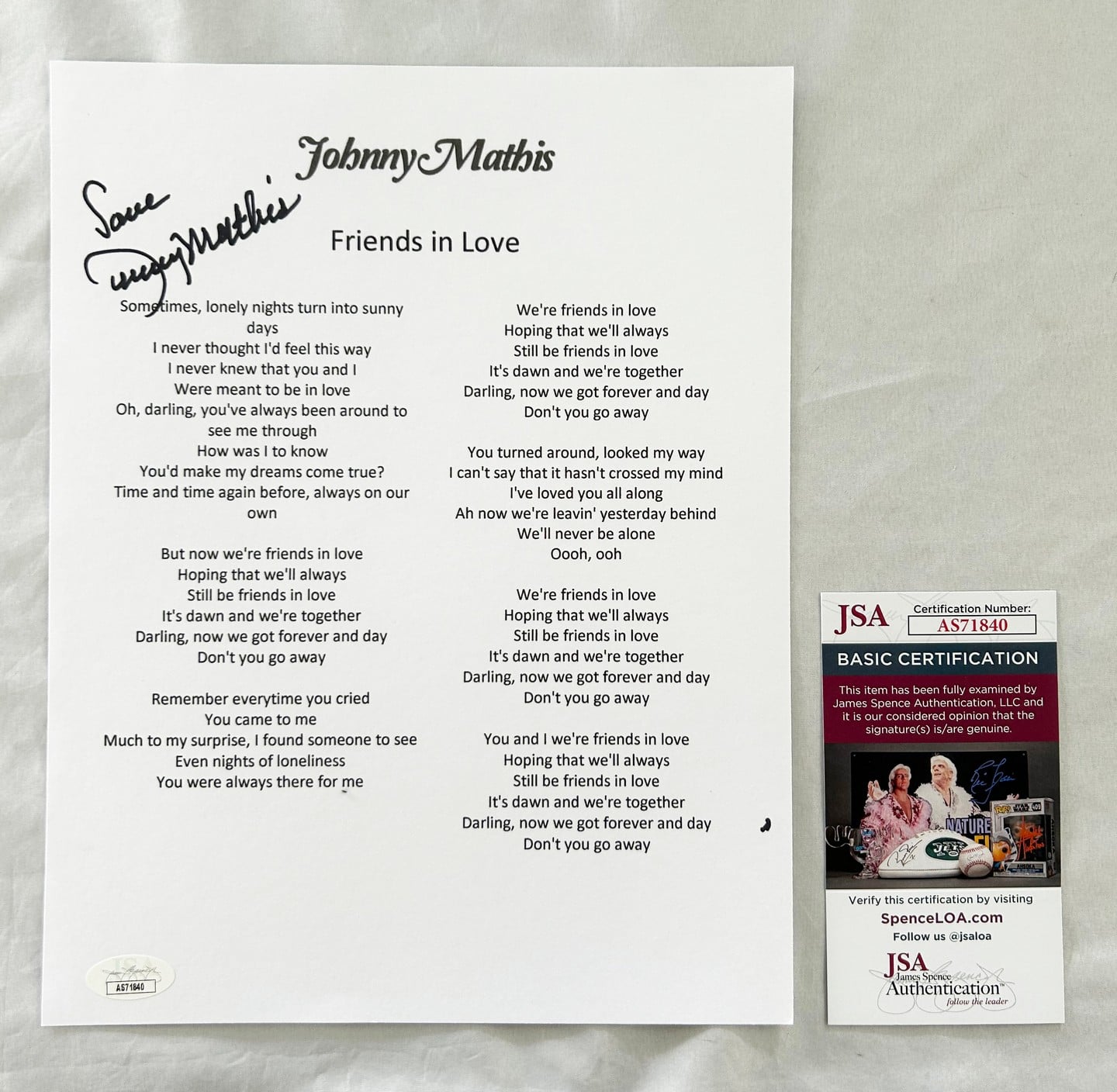Johnny Mathis Signed Lyric Sheet JSA