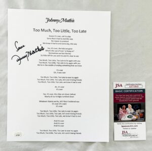 Johnny Mathis Signed Lyric Sheet JSA 1
