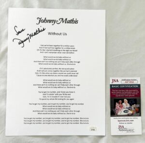 Johnny Mathis Signed Lyric Sheet JSA 2