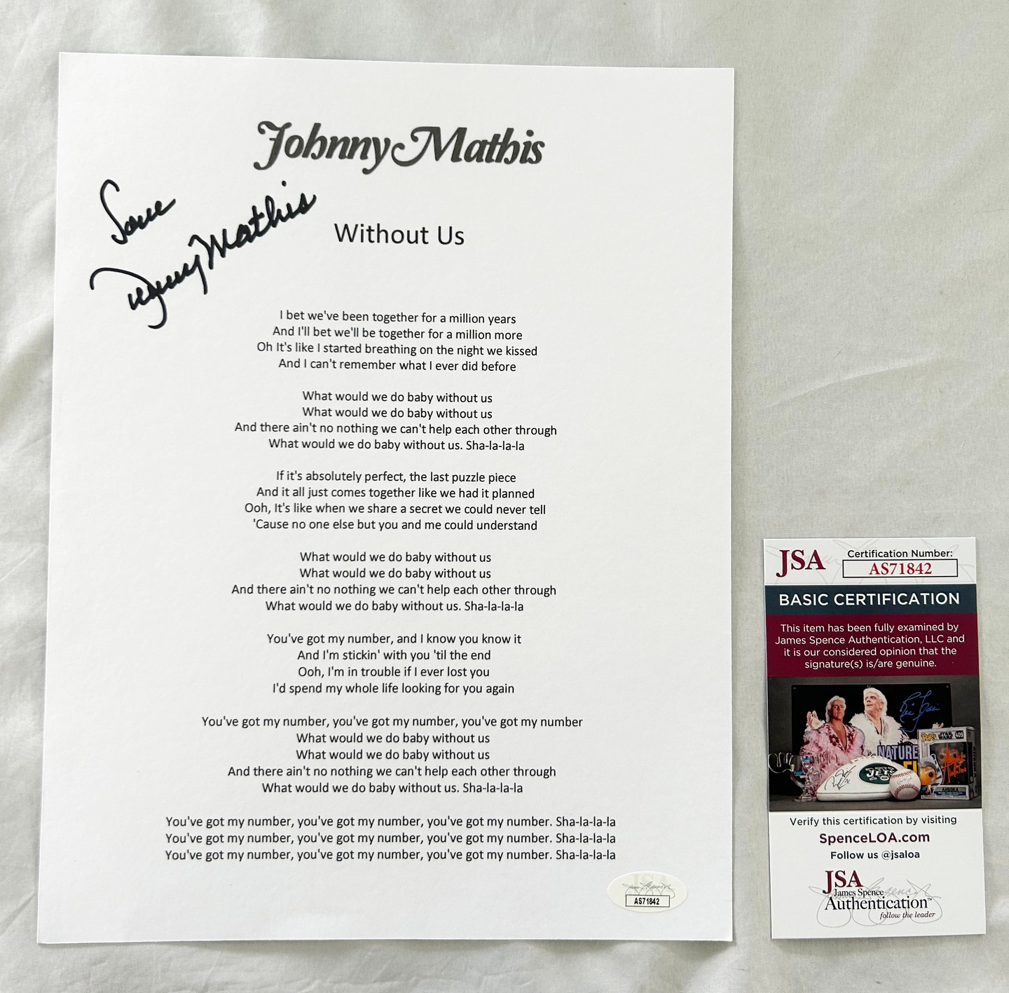 Johnny Mathis Signed Lyric Sheet JSA 2