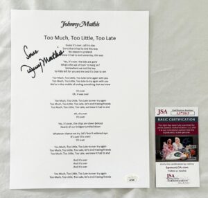 Johnny Mathis Signed Lyric Sheet JSA 3