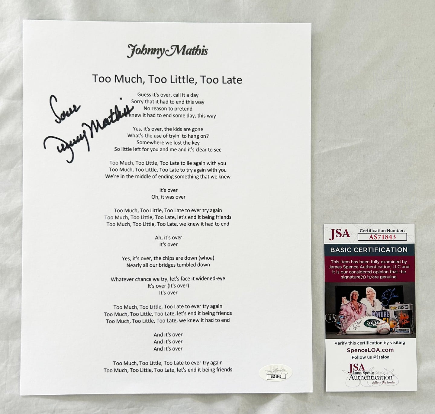 Johnny Mathis Signed Lyric Sheet JSA 3