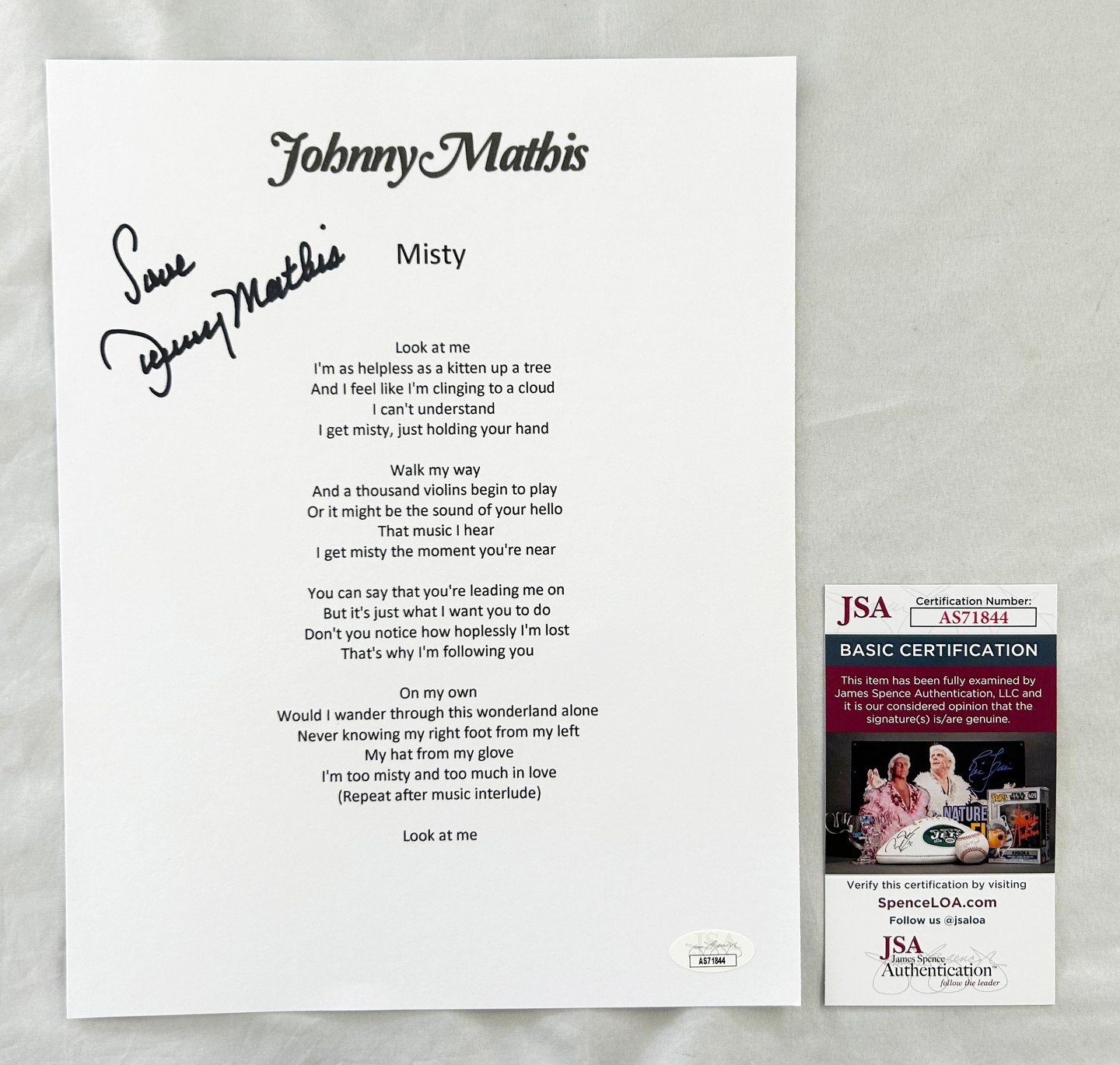 Johnny Mathis Signed Lyric Sheet JSA 4