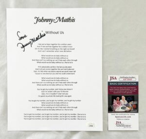 Johnny Mathis Signed Lyric Sheet JSA 5