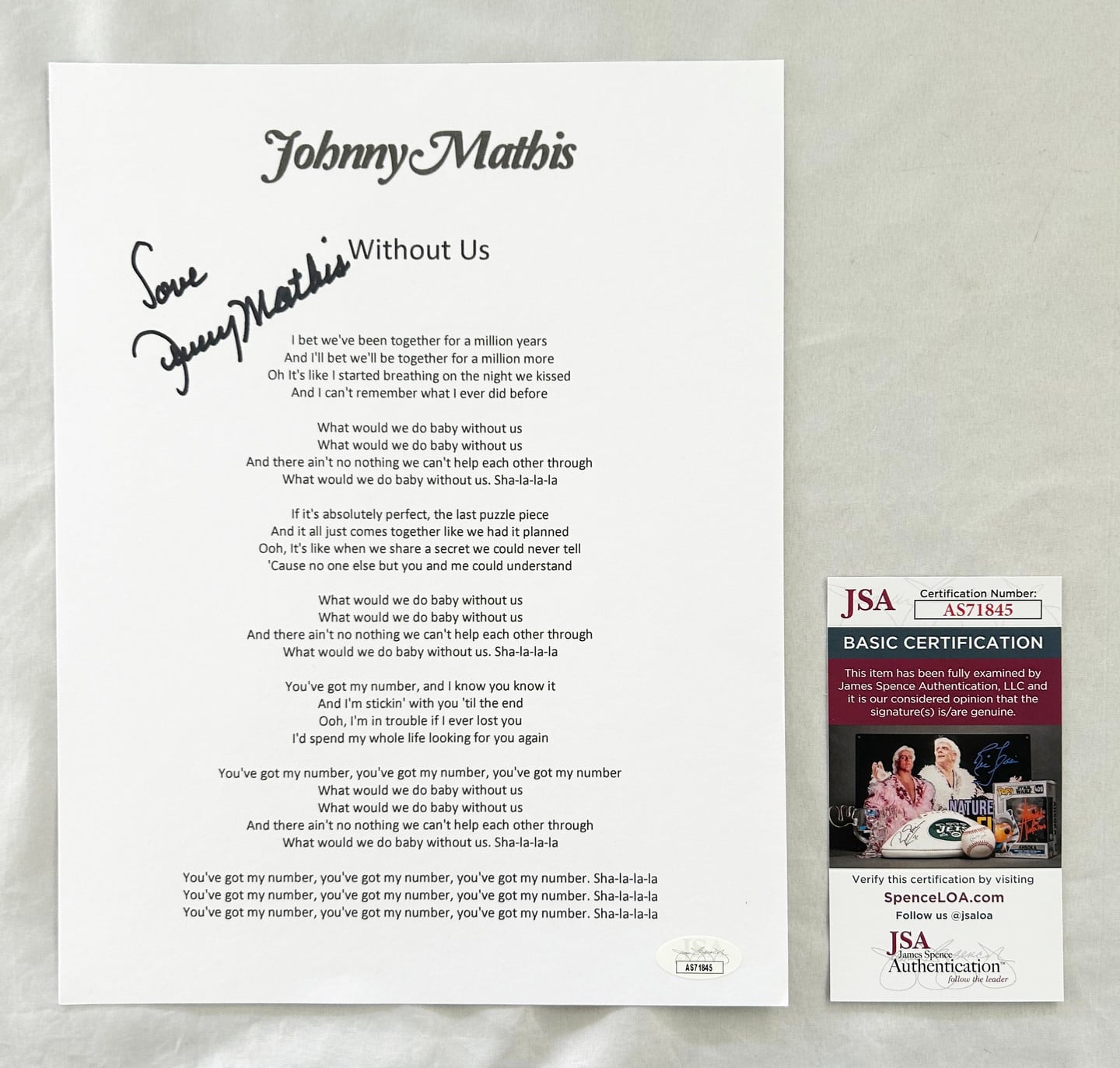 Johnny Mathis Signed Lyric Sheet JSA 5