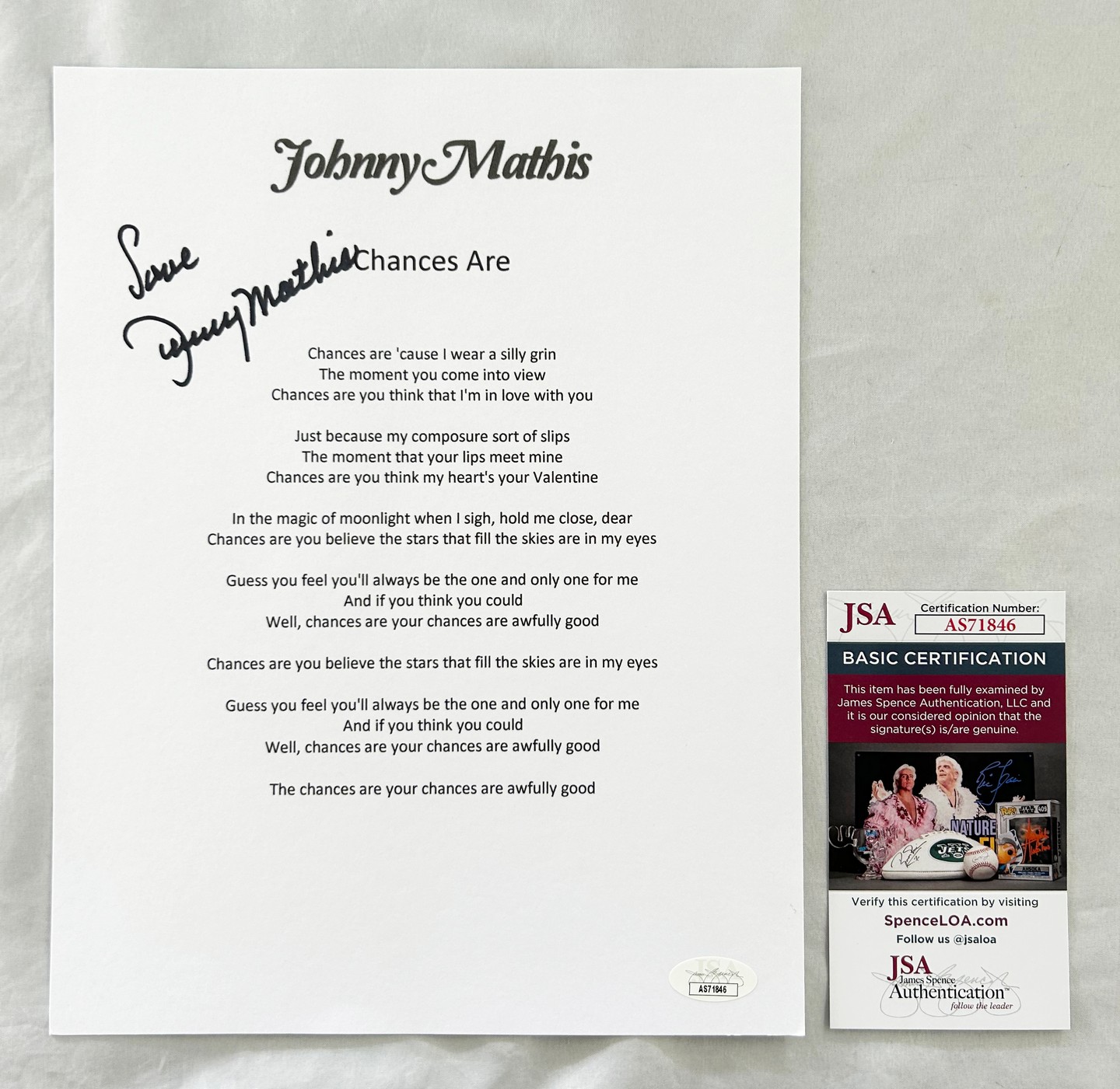 Johnny Mathis Signed Lyric Sheet JSA 6