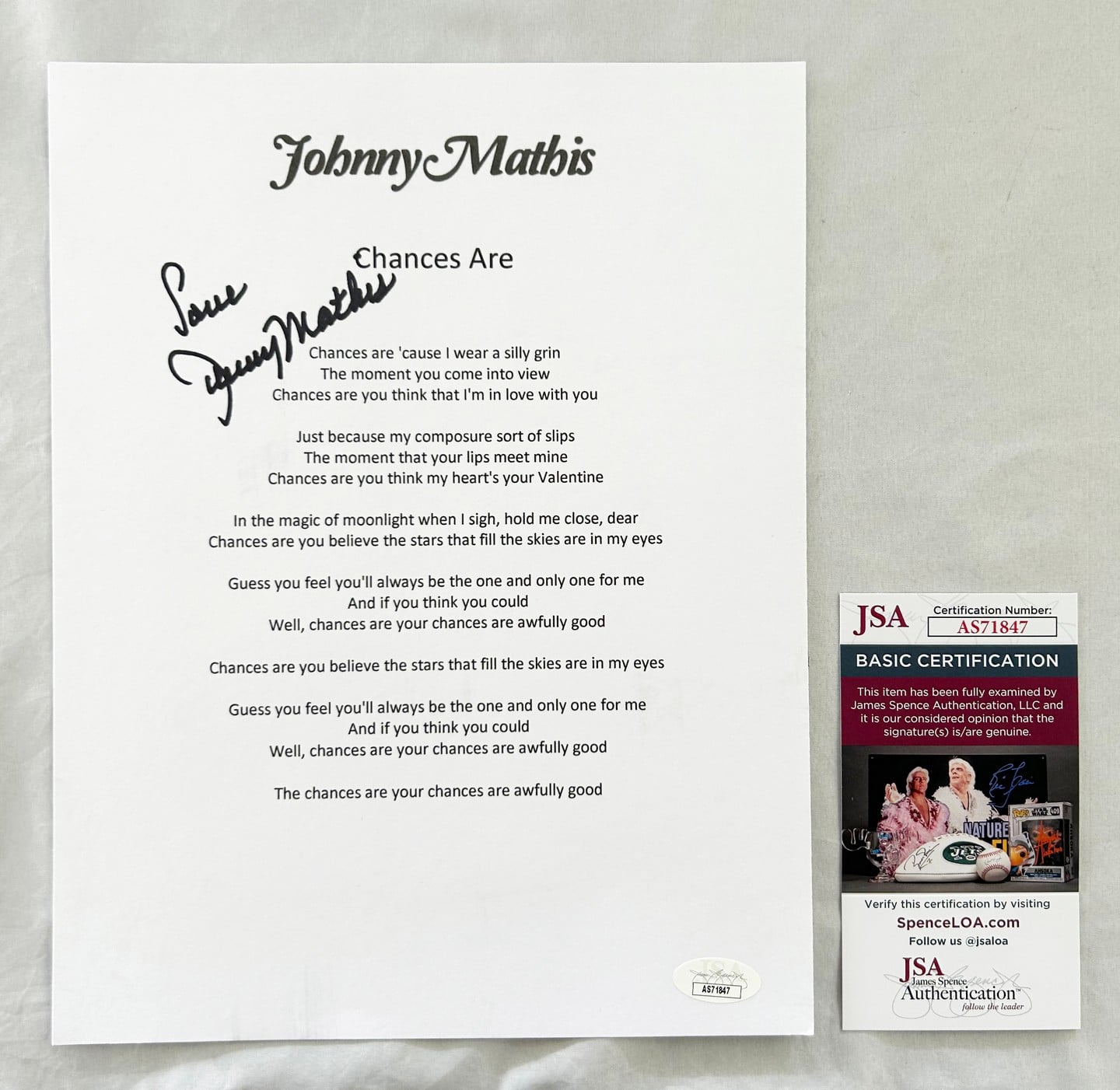 Johnny Mathis Signed Lyric Sheet JSA 7
