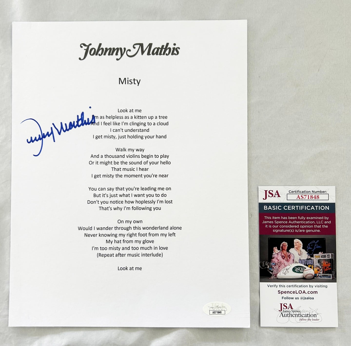 Johnny Mathis Signed Lyric Sheet JSA 8