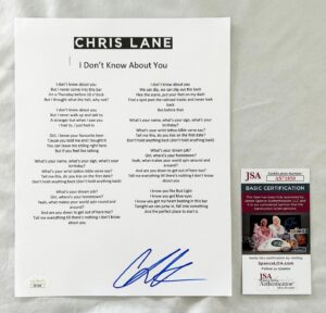 Chris Lane Signed Lyric Sheet JSA 1