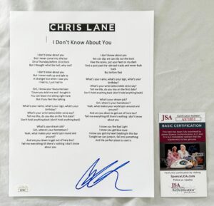 Chris Lane Signed Lyric Sheet JSA 2