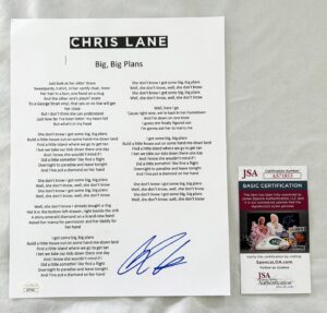 Chris Lane Signed Lyric Sheet JSA 4