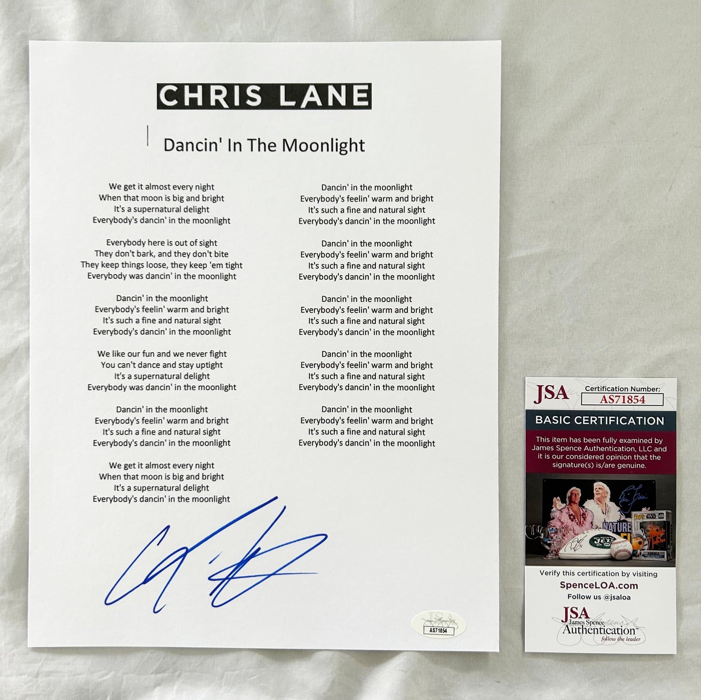 Chris Lane Signed Lyric Sheet JSA 5