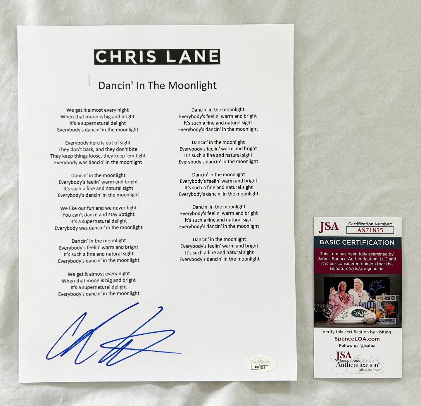 Chris Lane Signed Lyric Sheet JSA 6