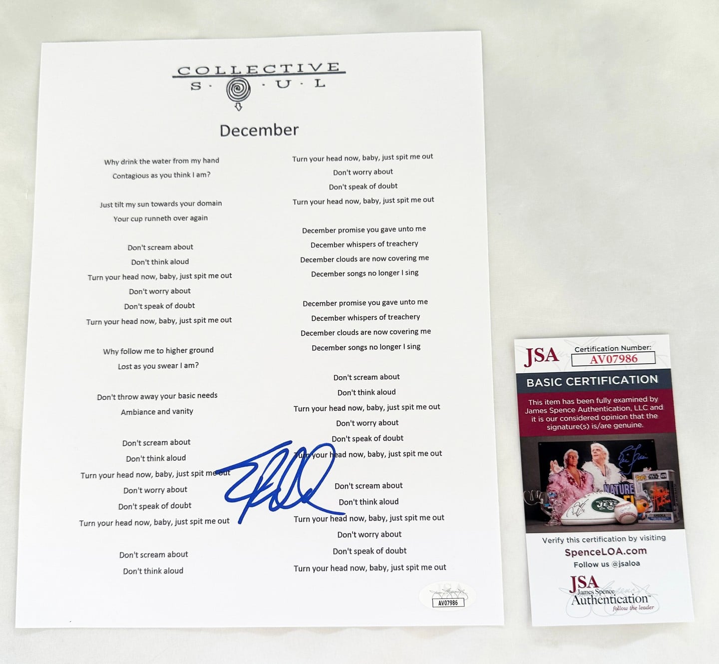 Ed Roland Signed Lyric Sheet Collective Soul JSA 1