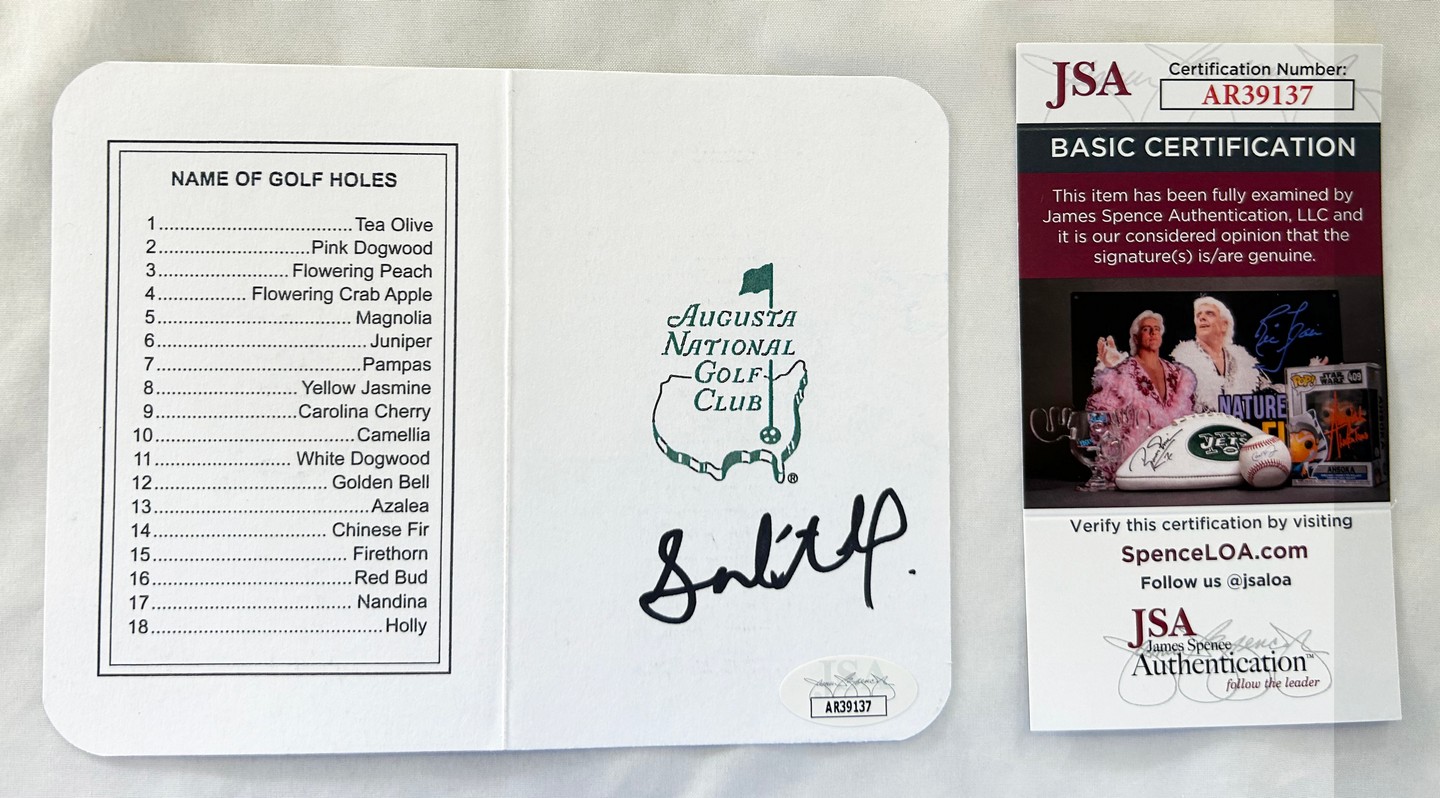 Sahith Theegala Signed Masters ScoreCard JSA 1