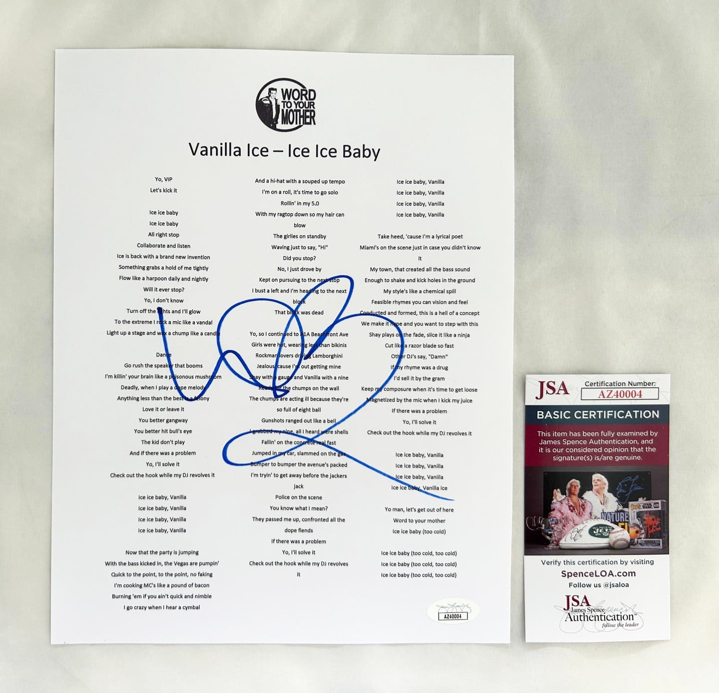 Vanilla Ice Signed Lyric Sheet Ice Ice Baby JSA 3