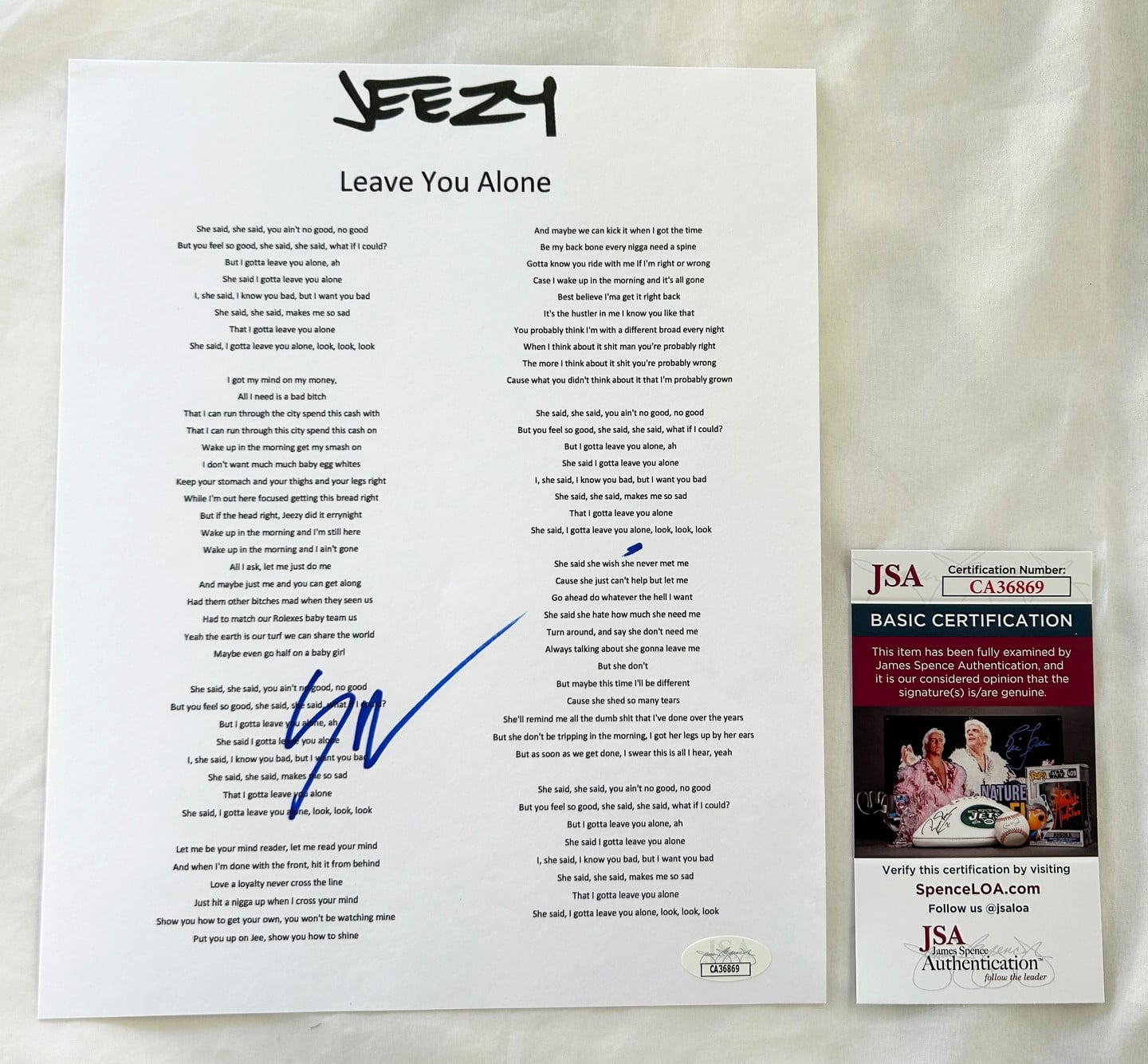 Young Jeezy Signed Lyric Sheet JSA