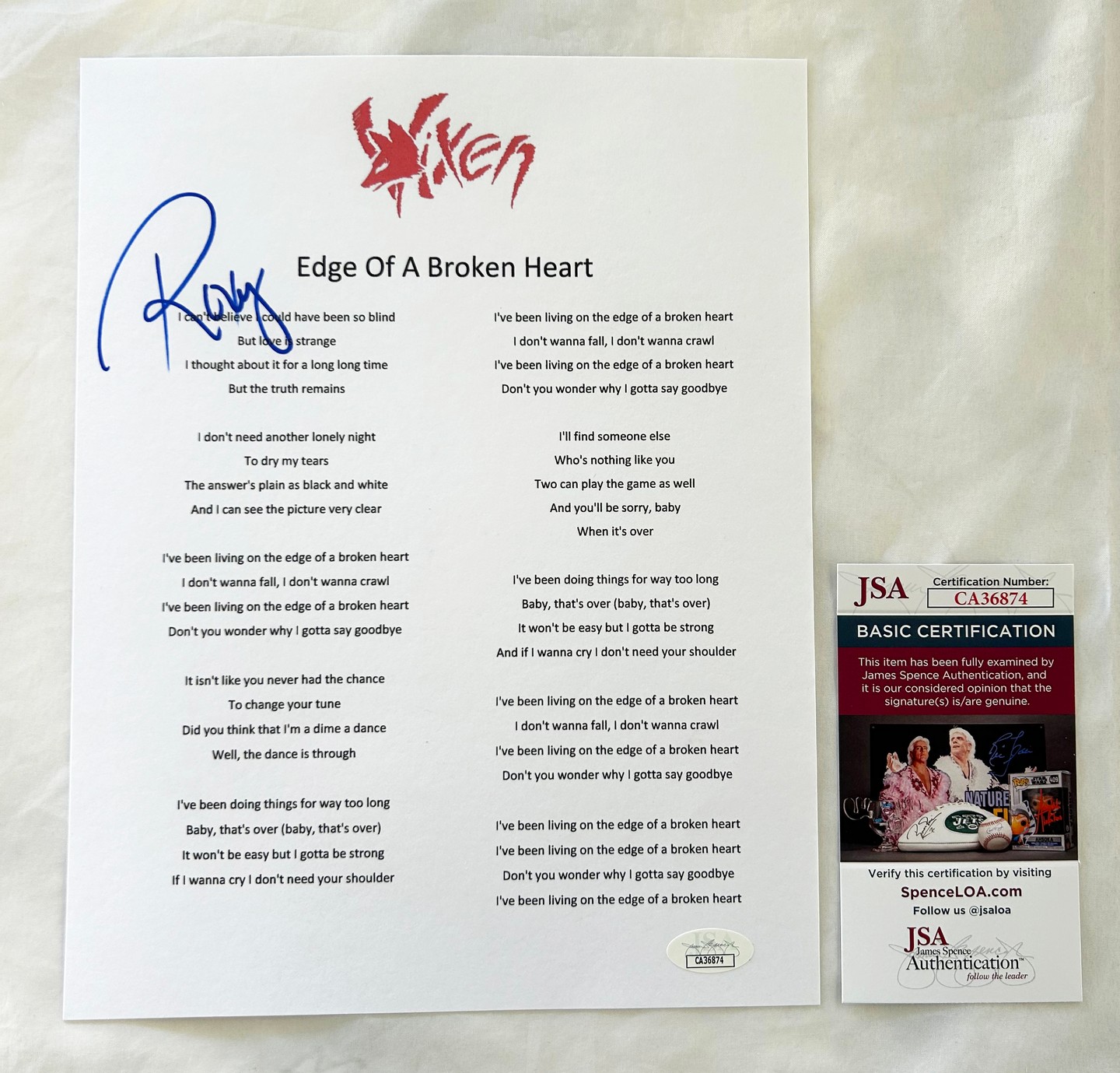 Roxy Petrucci Signed Lyric Sheet JSA Vixen 1