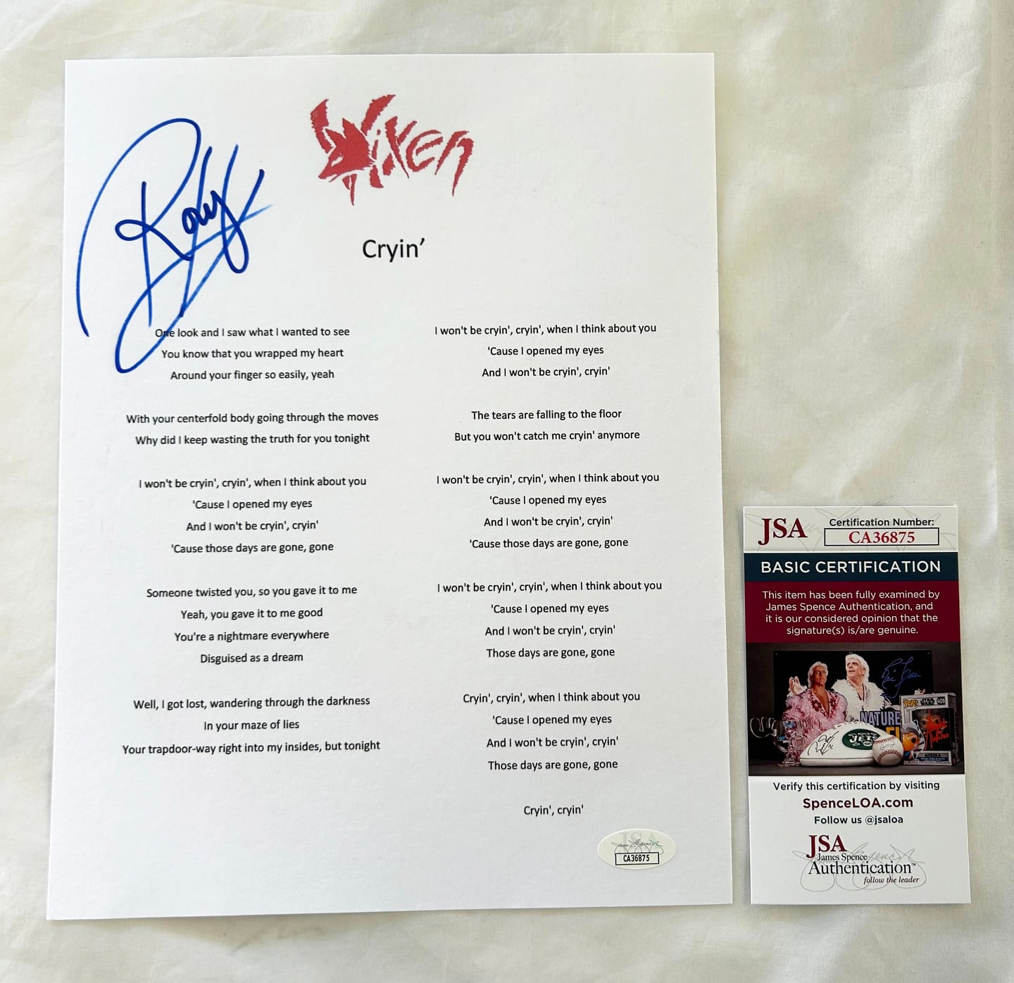 Roxy Petrucci Signed Lyric Sheet JSA Vixen 2