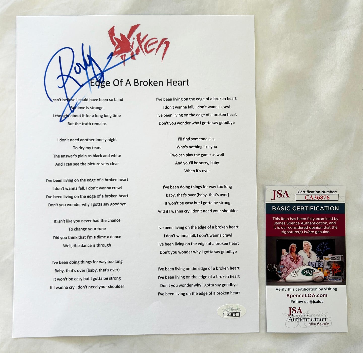Roxy Petrucci Signed Lyric Sheet JSA Vixen 3