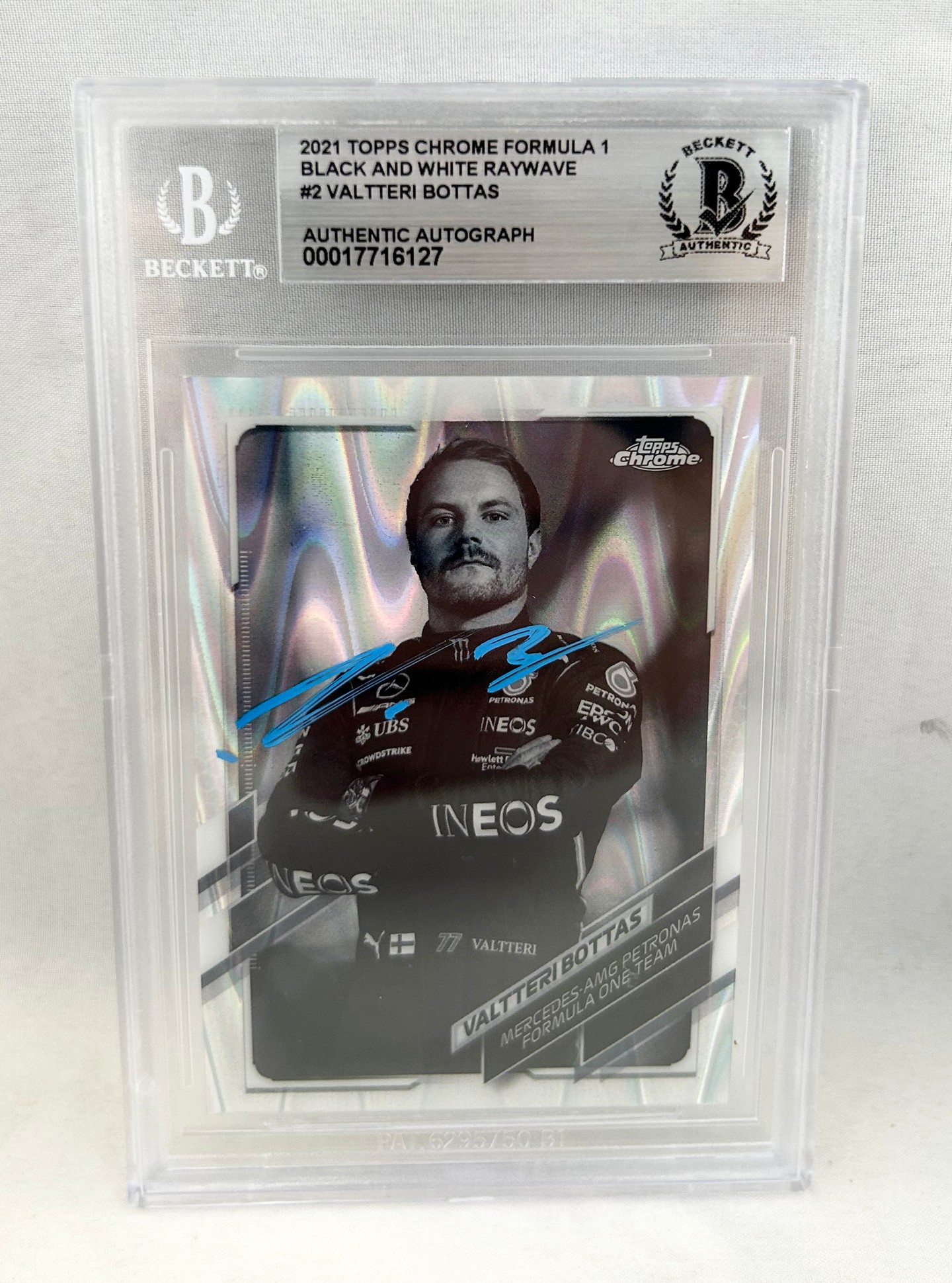 Valtteri Bottas Signed Card 2021 Topps Chrome Black & White #2 F1 Mercedes Beckett BAS