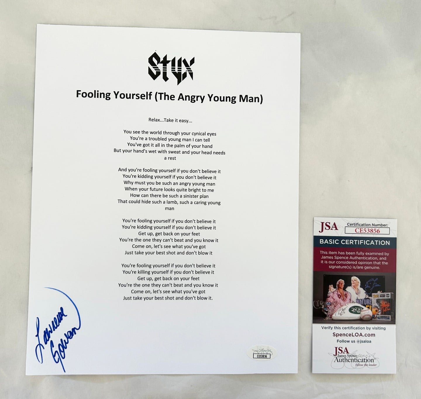 Lawrence Gowan Signed Lyric Sheet Styx Fooling Yourself JSA