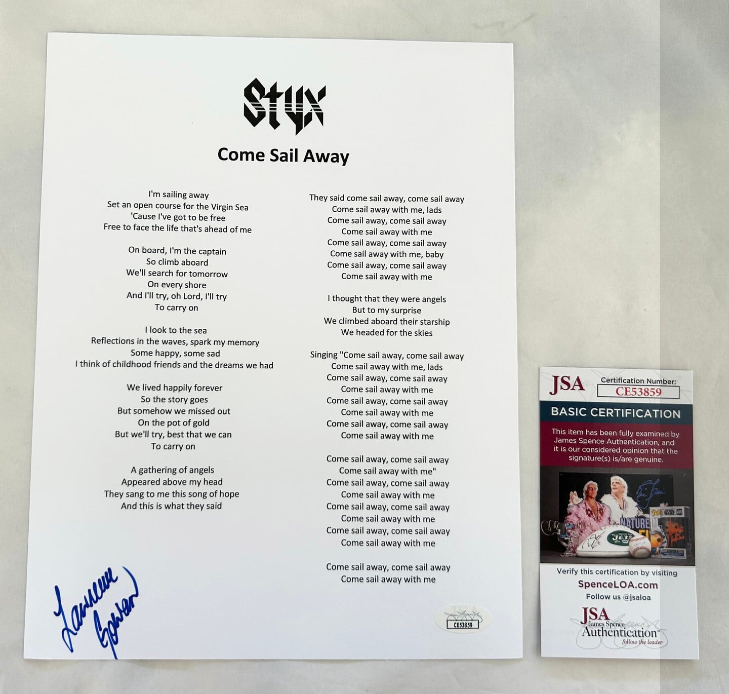 Lawrence Gowan Signed Lyric Sheet Styx Come Sail Away JSA 1