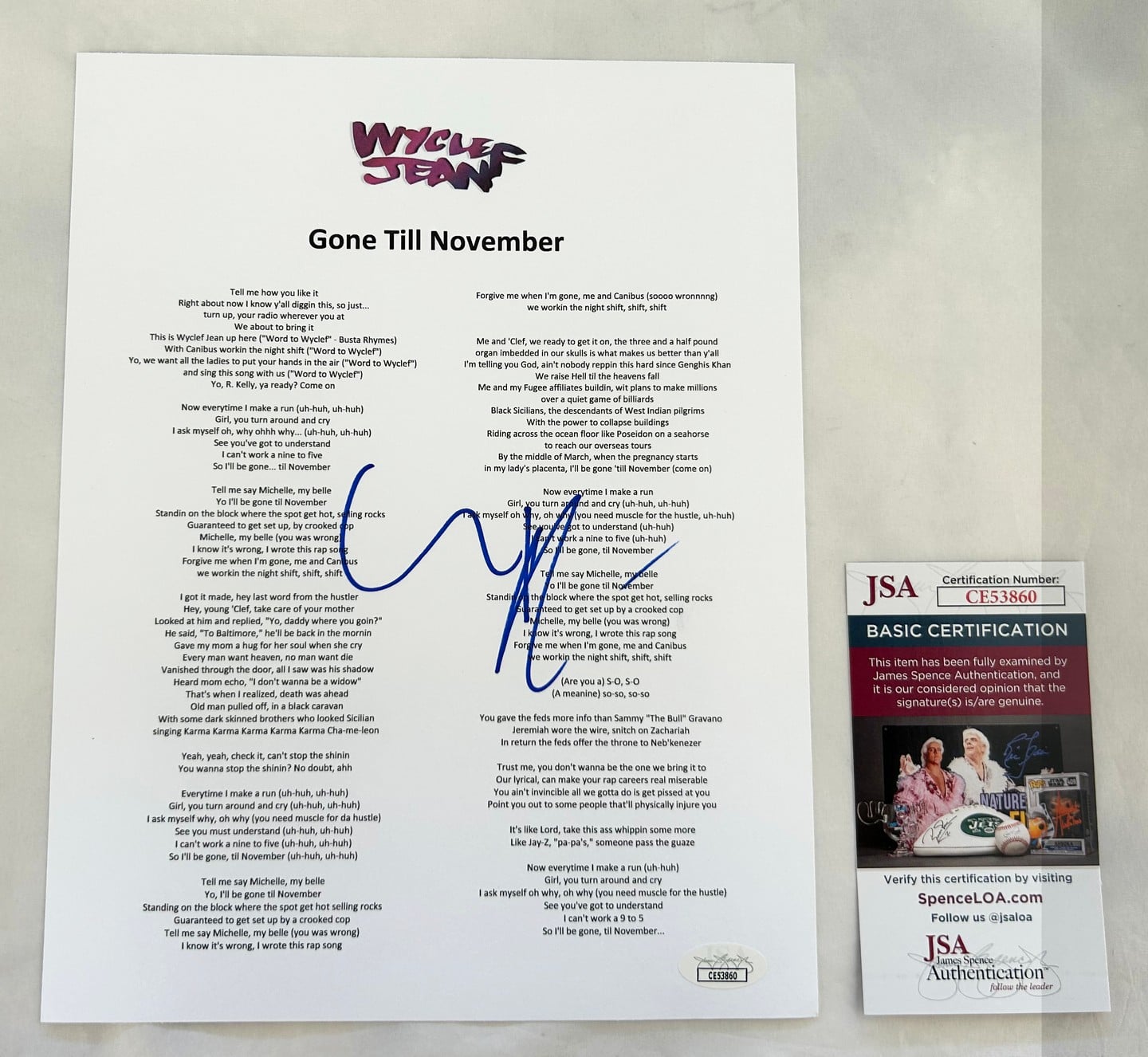 Wyclef Jean Signed Lyric Sheet Gone Till November JSA
