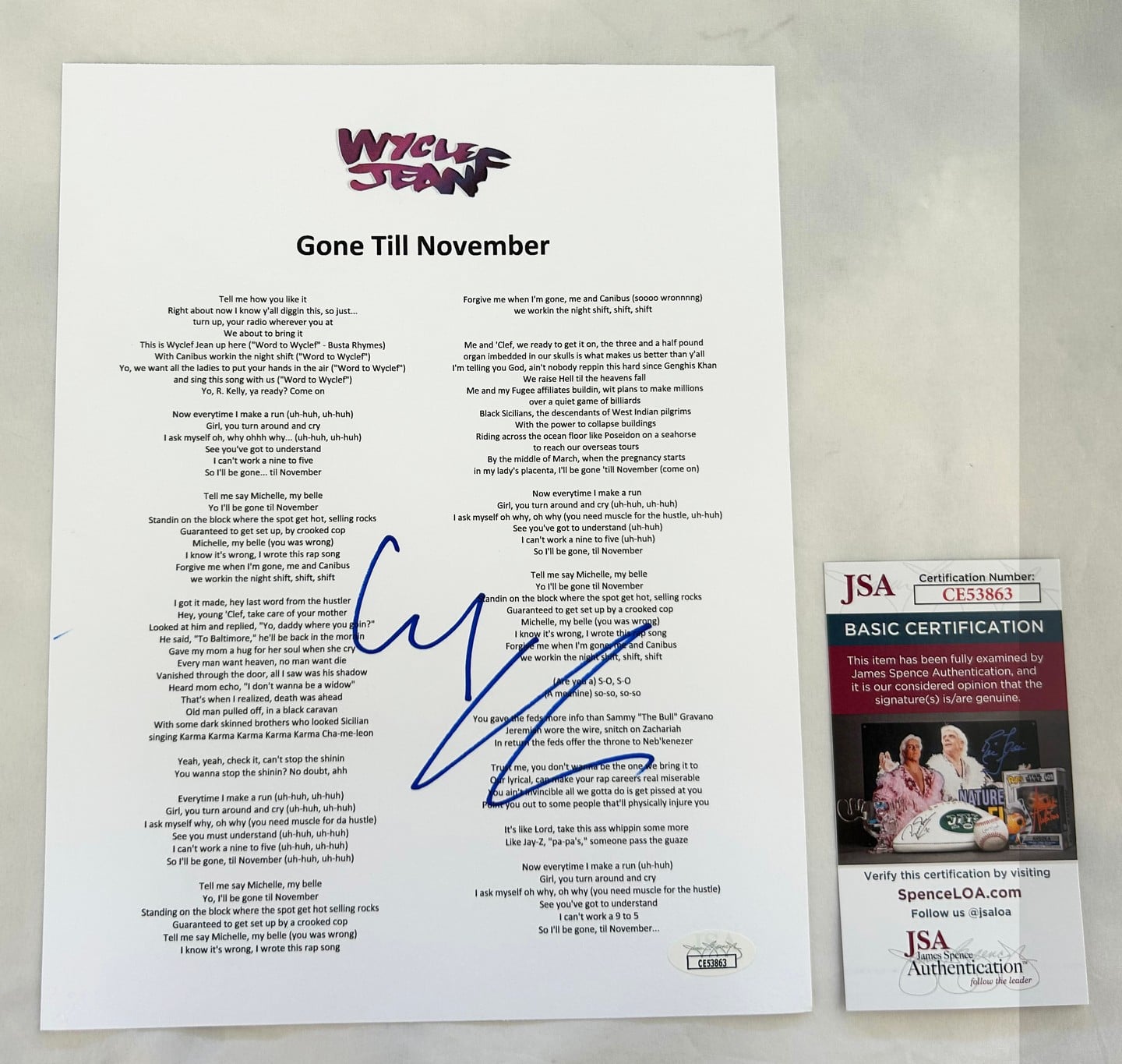 Wyclef Jean Signed Lyric Sheet Gone Till November JSA 1