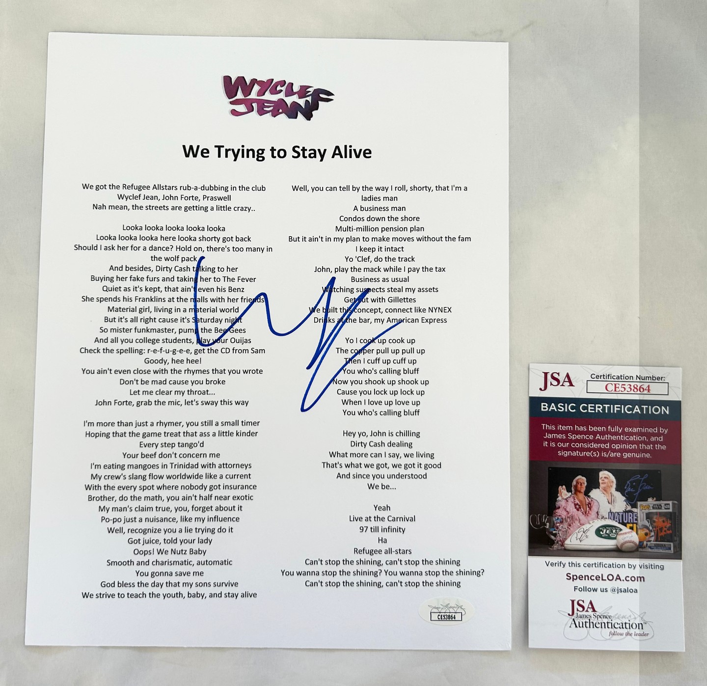 Wyclef Jean Signed Lyric Sheet We Trying To Stay Alive JSA 1