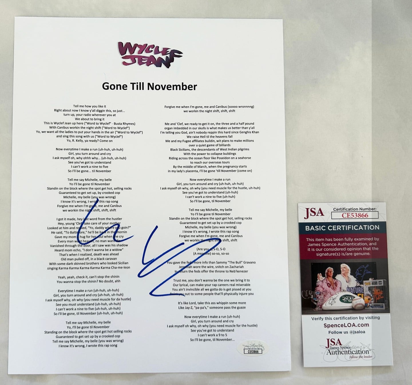 Wyclef Jean Signed Lyric Sheet Gone Till November JSA 3