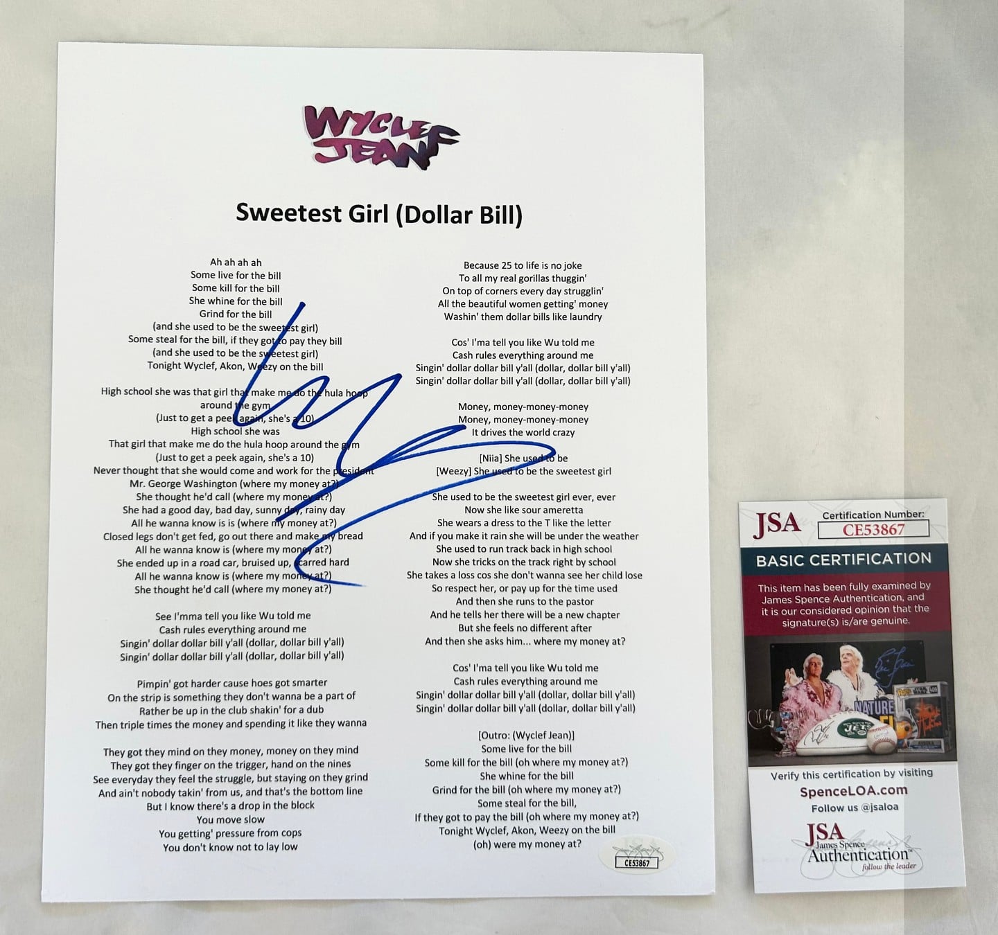 Wyclef Jean Signed Lyric Sheet Sweetest Girl (Dollar Bill) JSA 1
